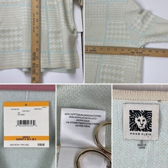 Anne Klein sz Small Ivory Blue Houndstooth Plaid Open Cardigan NWT coastal - Picture 9 of 11